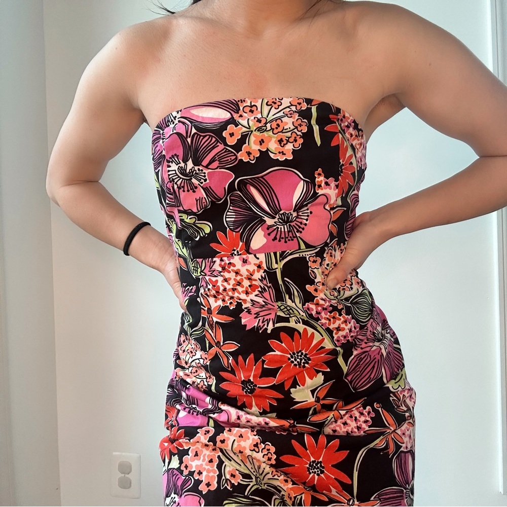 Lilly Pulitzer NWOT Black Multi Strapless Tie Back MIDI Dress